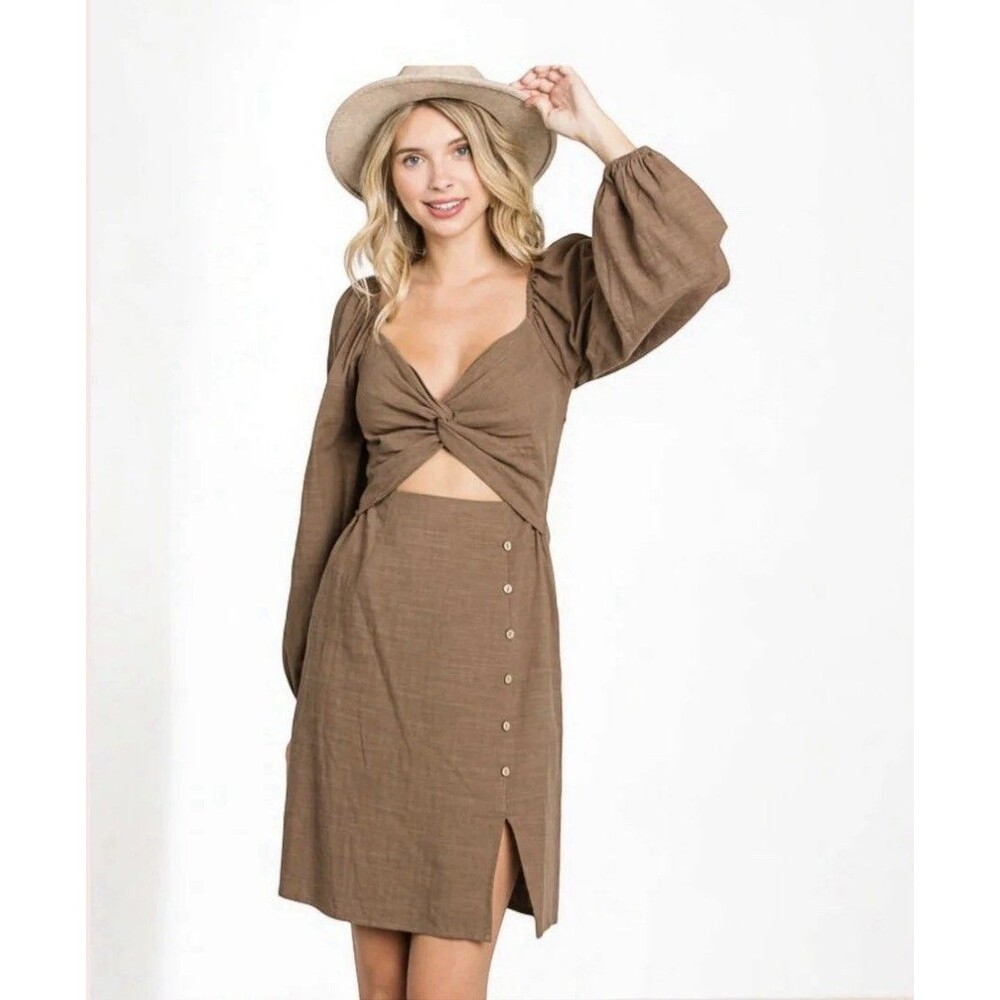 Final Touch Women's Brown Smocked Dress Puff Sleeve Size Small Casual Romantic